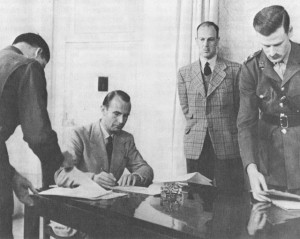 German representatives sign surrender document, Caserta, Italy, 29 April 1945 (US Army Center of Military History)