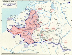 Map noting German advances in France and the Low Countries between 16 and 21 May 1940 (US Military Academy map)