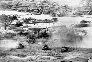 Sherman tanks of US 6th Marine Division at Naha, Okinawa, Japan, 27 May 1945 (US Marine Corps photo)