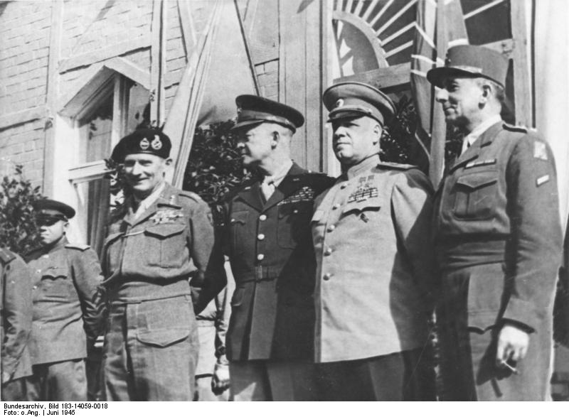 Allied Control Council: Bernard Montgomery, Dwight Eisenhower, Georgi Zhukov, and Jean de Lattre de Tassigny in Berlin, Germany, 5 Jun 1945 (German Federal Archive: Bild 183-14059-0018) 