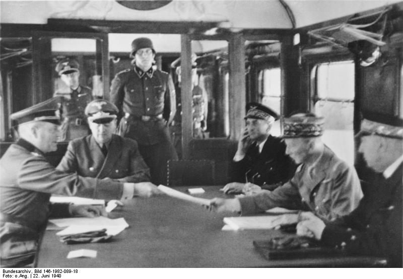 Gen. Wilhelm Keitel accepting the French surrender from Gen. Charles Huntziger, Compiègne, France, 22 Jun 1940 (German Federal Archive: Bild 146-1982-089-18)