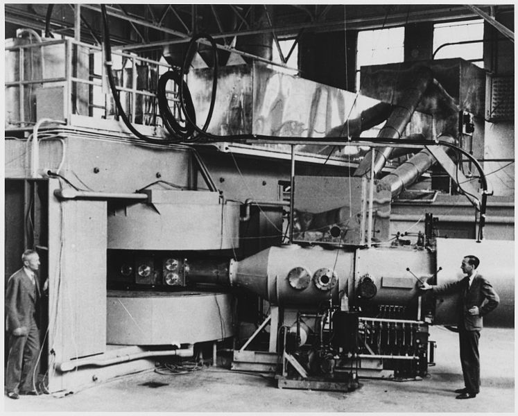 60-inch cyclotron at the University of California Lawrence Radiation Laboratory, Berkeley, in August 1939, used in the discovery of neptunium (US National Archives: 558594)