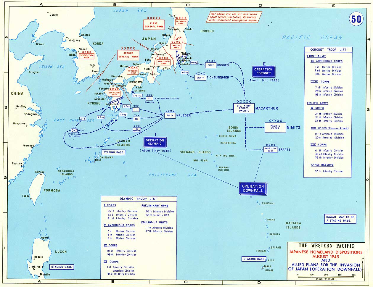 Map depicting the proposed invasion routes of Operations Olympic and Coronet, with Japanese defensive positions as of Aug 1945 (US Military Academy)