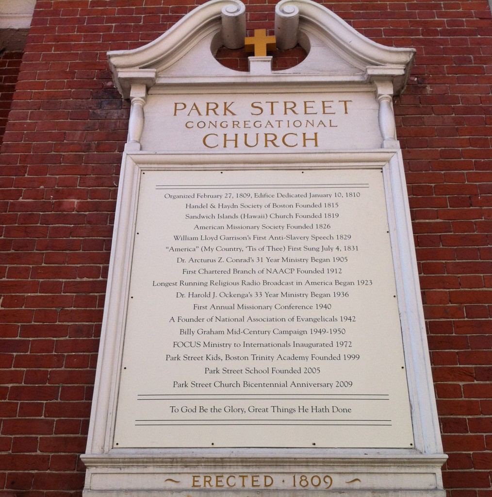 Historical marker at Park Street Church, Boston (Photo: Sarah Sundin, July 2014)