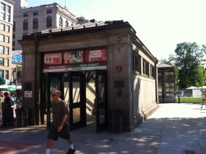 The entrance to Park Street Station, Boston Common (Photo: Sarah Sundin, July 2014)