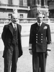 British Prime Minister Clement Attlee and King George VI of the United Kingdom, Buckingham Palace, London, England, 26 Jul 1945. (Imperial War Museum: HU 59486)