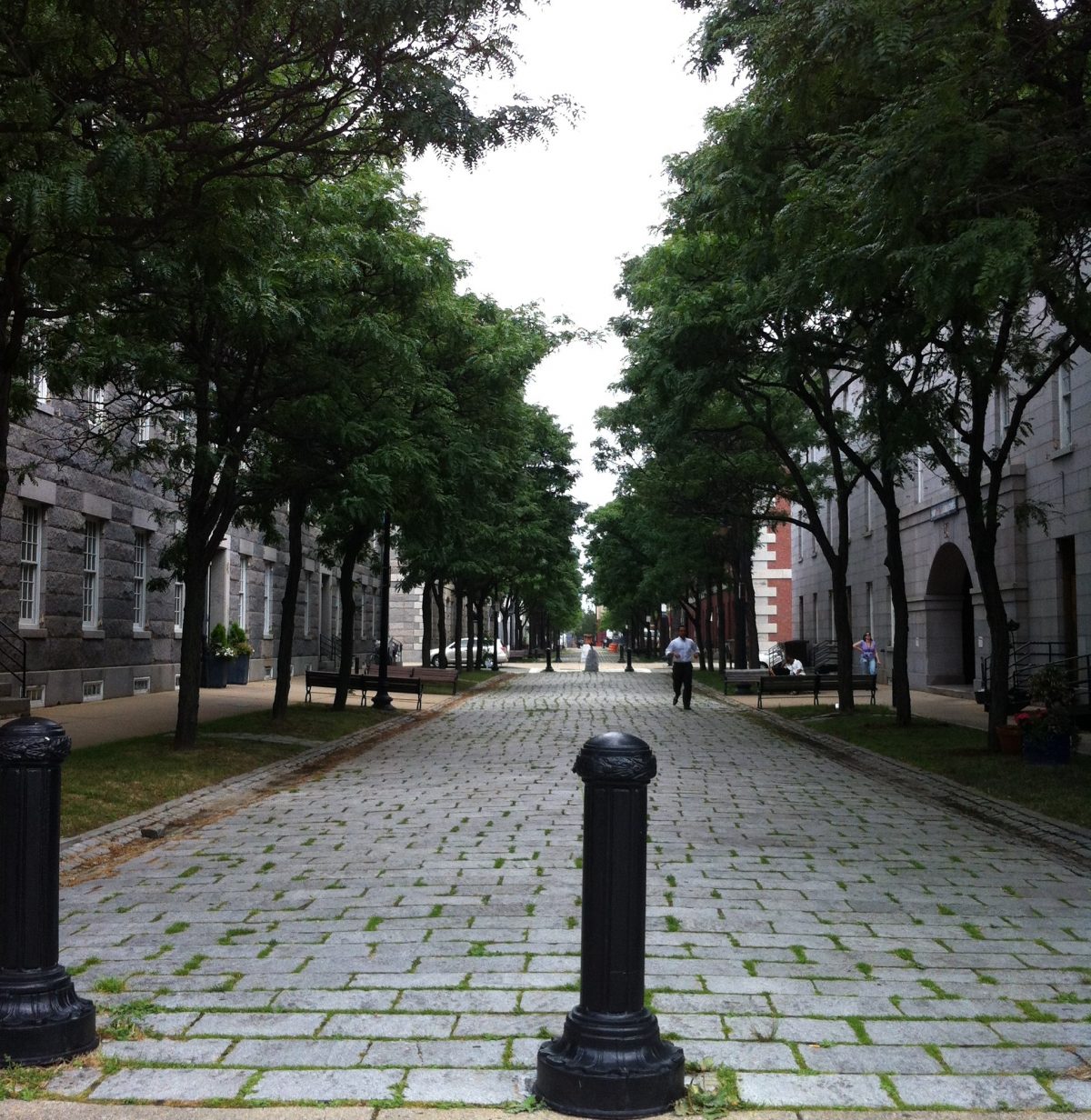 Looking down Second Ave. at the Charlestown Navy Yard in Boston, Buildings 33 & 34 in foreground, 38 & 39 in background (Photo: Sarah Sundin, July 2014)