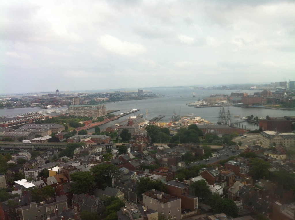 View of the Charlestown Navy Yard and downtown Boston from the top of the Bunker Hill Monument (Photo: Sarah Sundin, July 2014)