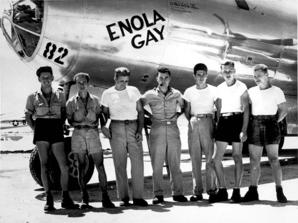 Col. Paul Tibbets and the crew of B-29 Superfortress Enola Gay, 5 Aug 1945 (US Army photo)