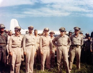 Gen. Douglas MacArthur arriving at Atsugi Airfield near Tokyo, 30 Aug 1945, with Maj. General Joseph Swing, Lt. Gen. Richard Sutherland, and Gen. Robert Eichelberger (US National Archives: USA C-1732)