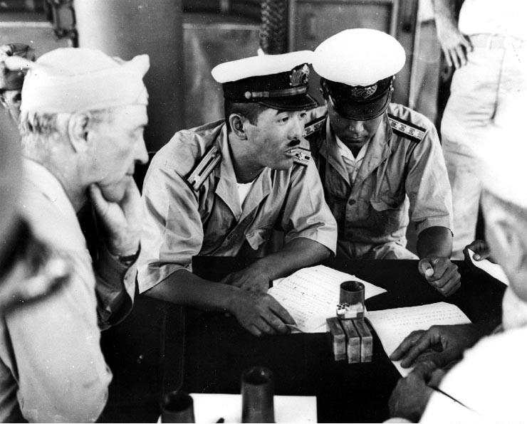 Surrender negotiations at Mille Atoll, Marshall Islands, aboard USS Levy, 19 Aug 1945 (US National Archives: 80-G-490371)