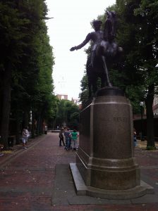 Statue of Paul Revere on Paul Revere Mall in Boston, with Old North Church in the background, July 2014. (Photo: Sarah Sundin)