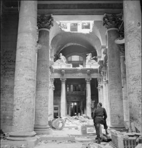 Ruins of the German Reichstag building in Berlin, Germany, covered with graffiti from Soviet soldiers, 3 Jul 1945 (Imperial War Museum: 4700-30 BU 8582)