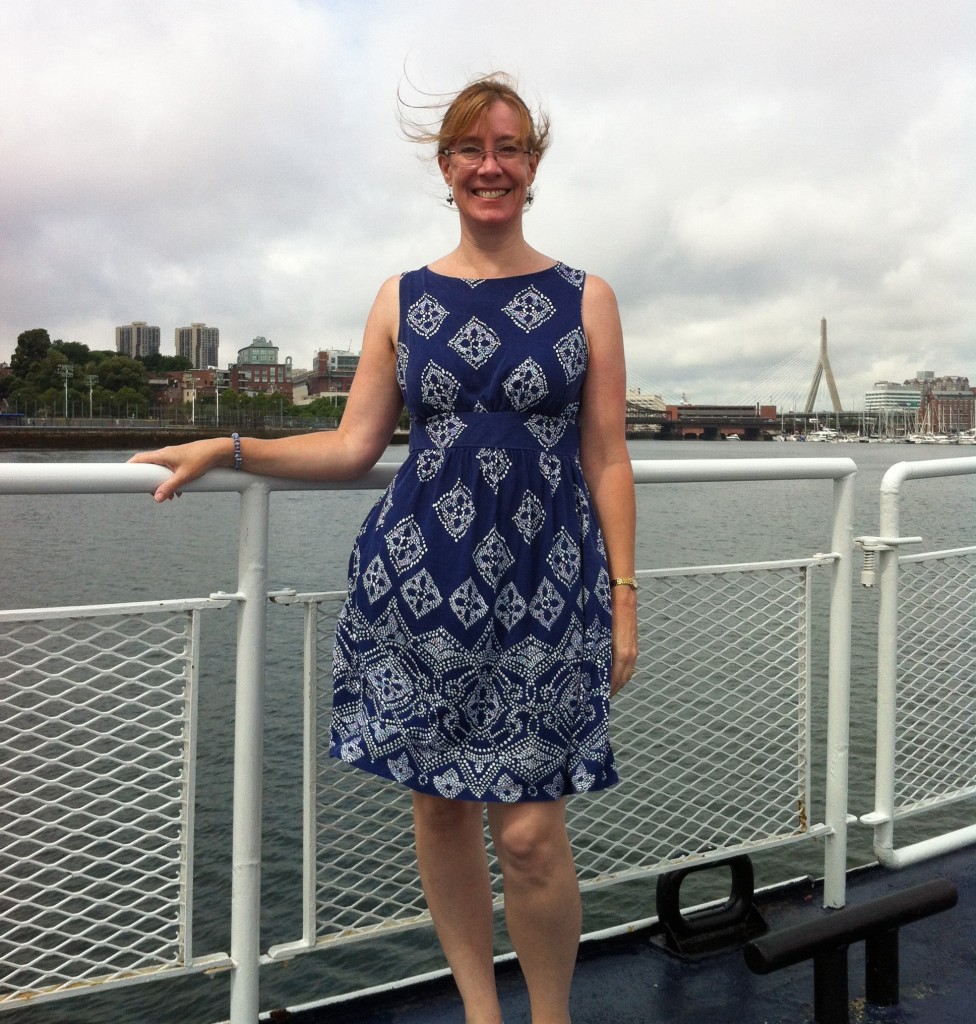Sarah Sundin on the ferry to the Charlestown Navy Yard in Boston on a research trip, July 2014