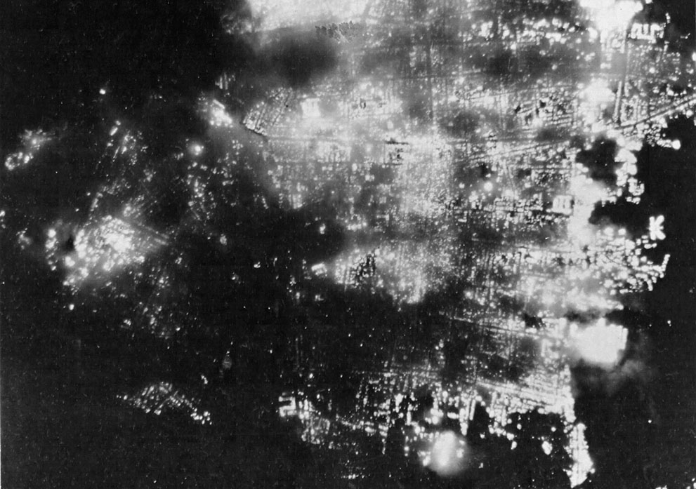 Fires raging in Toyama, Japan during an American air raid, 1 Aug 1945 (US Air Force photo)