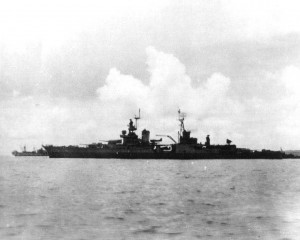Heavy cruiser USS Indianapolis off Tinian, days before she was sunk, circa 26 Jul 1945 (US Naval History & Heritage Command: NH 73655)