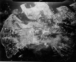 Strike photo taken by USS Hancock aircraft showing an attack on the Yokosuka Navy Yard, Tokyo Bay, Japan, 18 Jul 1945 (US National Museum of Naval Aviation)