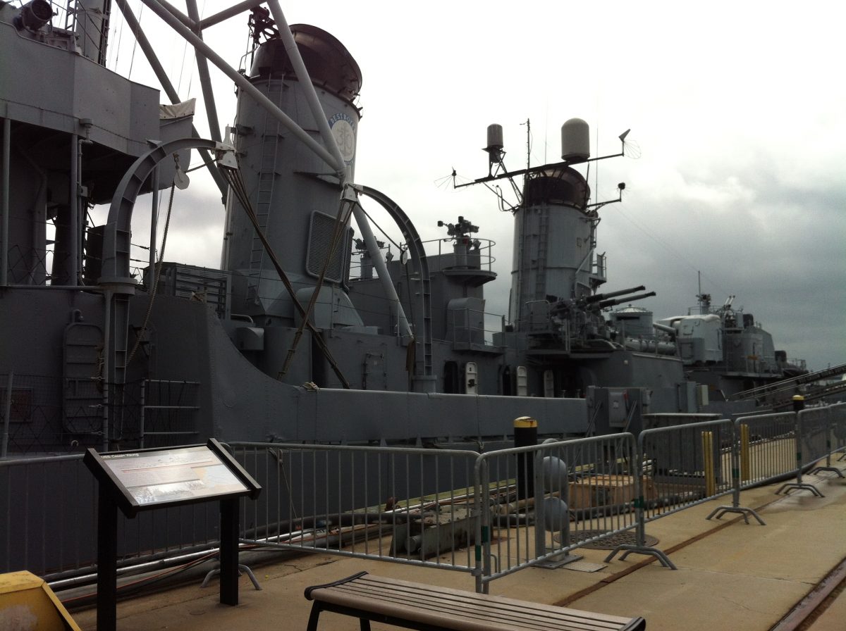Funnels (stacks) of the USS Cassin Young, Charlestown Navy Yard, Boston, July 2014 (Photo: Sarah Sundin)