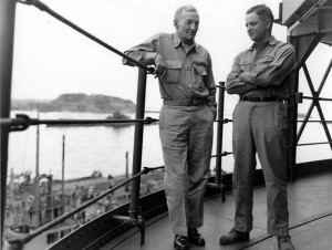 Vice Adm. John S. McCain, Sr. with his son Cdr. John S. McCain, Jr. together for the last time in Tokyo Bay at the surrender ceremony, 2 Sep 1945 (US Naval History & Heritage Command: NH 92607)