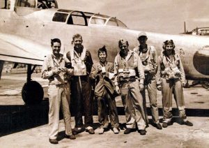 Lt. Cdr. Don Thorburn, Lt. Cdr. E.V. Wedell, interpreter S. Toda, Lt. Cdr. John MacInnes, Lt. W.V. Ballow, and Lt. Cdr. Cliff McDowell at Atsugi Airfield, Japan, 28 Aug 1945 (National Museum of the US Navy: 80-G-490418)