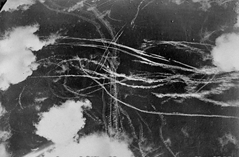 Condensation trails left by British and German aircraft after a dogfight over Britain, 18 September 1940 (Imperial War Museum: 4700-37 H 4219) 