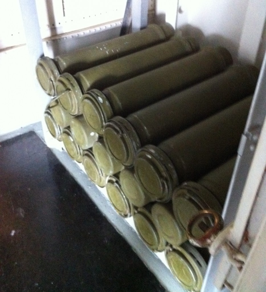 Powder cases for 5-inch gun in handling room, USS Cassin Young, Charlestown Navy Yard, Boston, July 2014 (Photo: Sarah Sundin)