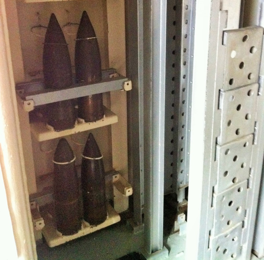 5-inch projectiles in handling room, USS Cassin Young, Charlestown Navy Yard, Boston, July 2014 (Photo: Sarah Sundin)