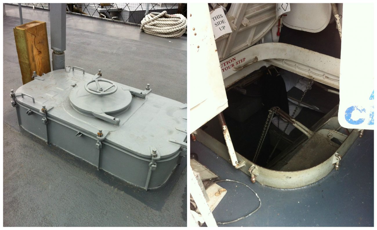 Hatches (closed and open) on the USS Cassin Young, Charlestown Navy Yard, Boston. July 2014 (Photos: Sarah Sundin)