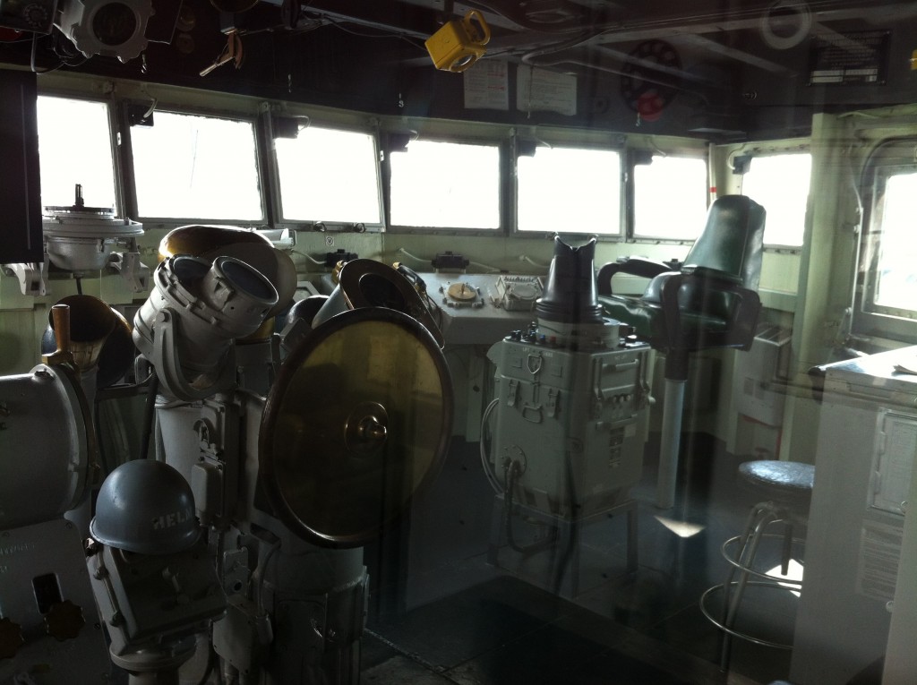 Starboard side of pilothouse, USS Joseph P. Kennedy, Jr., Battleship Cove, Fall River, MA, July 2014 (Photo: Sarah Sundin)