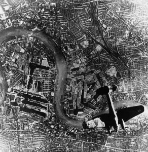 German He 111 bomber over Surrey Docks, London, England, at 1700 hours on 7 September 1940.