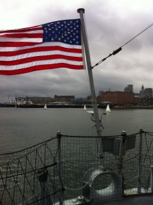 The ensign (flag) flying at the stern of the USS Cassin Young, Charlestown Navy Yard, Boston, July 2014 (Photo: Sarah Sundin)