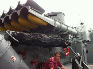 Torpedo tubes (and my son!) on USS Cassin Young, Charlestown Navy Yard, Boston, July 2014 (Photo: Sarah Sundin)