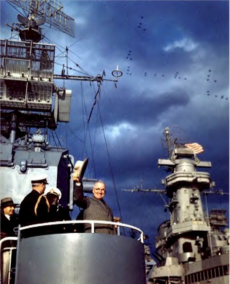 Pres. Harry Truman aboard USS Renshaw during Navy Day Fleet Review, New York City, 27 Oct 1945; note USS Missouri’s superstructure in background and US Navy aircraft in formation above (US Navy photo: K-15861)