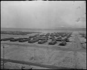 Panoramic view of the Topaz War Relocation Center in Utah, taken from the water tower, 14 March 1943 (US National Archives: 536975)