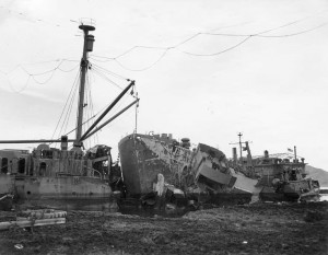 USS Ocelot aground in Buckner Bay, Okinawa, with her stern severed by USS Nestor after Typhoon Louise ravaged that port 9 October 1945. Nestor’s bow is in the center of this photo. (US Naval History & Heritage Command)