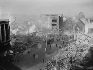 Broadgate in Coventry city centre following the Coventry Blitz of 14/15 November 1940. The burnt-out shell of the Owen Owen department store (which had only opened in 1937) overlooks a scene of devastation, 16 November 1940 (Imperial War Museum: H 5600)