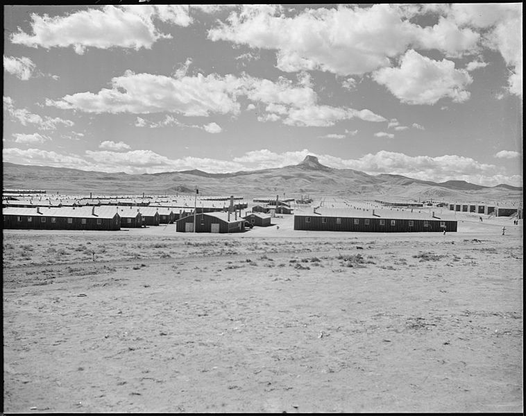 Heart Mountain Relocation Center, Heart Mountain, WY, with its namesake, Heart Mountain, on the horizon, 18 September 1942 (US National Archives: 538782)