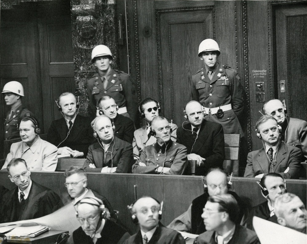 Accused German war criminals in the dock, Nürnberg, Germany, 22 Nov 1945 (US Army Signal Corps)