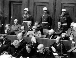Frank, Frick, Funk, Jodl, Rosenberg, Seyß-Inquart, Speer, Streicher, Neurath, and Papen at the Nuremberg Trial, Germany, 27 Nov 1945 (Harry S. Truman Presidential Library and Museum: 2004-439)