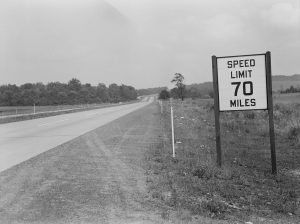 Pennsylvania Turnpike, September 1942, with prewar 70 mph speed limit sign still in place after wartime “Victory speed limit” enacted (Library of Congress: fsa 8b07393).