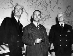 Adm. Ernest King, Secretary of the Navy James V. Forrestal, and Adm. Chester Nimitz at the Navy Department, Washington DC, 21 Nov 1945 (US National Archives: 80-G-701553)