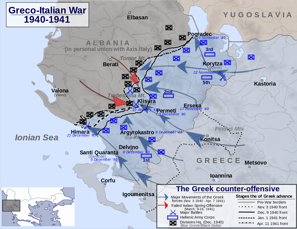 Map showing the Greek counteroffensive against the Italians, 13 Nov 1940-7 April 1941 (via Wikimedia Creative Commons) 