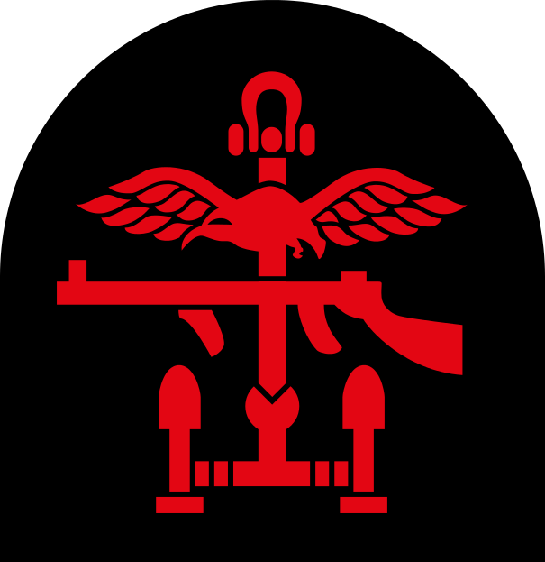 Shoulder patch of the British Combined Operations in WWII (albatross for the RAF, submachine gun for the Army, anchor for the Navy)