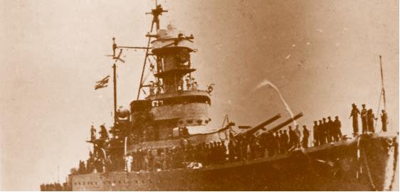 Thai coastal defense vessel Thonburi, January 1941, damaged in Battle of Ko Chang (public domain via Wikipedia)