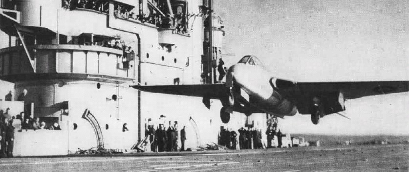 De Havilland Sea Vampire Mk.10 flown by Lt. Cdr. Eric "Winkle" Brown taking off from the carrier HMS Ocean on 3 December 1945 (British government photo)