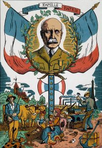 Vichy propaganda poster featuring Marshal Pétain and Vichy motto “Travail, Famille, Patrie” (work, family, fatherland) [Public domain via Wikipedia]