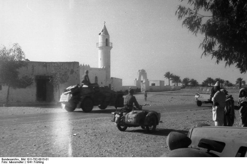 German motorized troops, including a motorcycle and a reconnaissance vehicle, Libya, March-May 1941 (German Federal Archive: Bild 101I-782-0015-01)