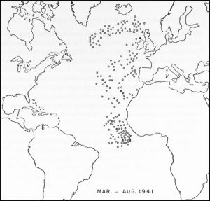 Map showing Allied merchant ship losses in the Battle of the Atlantic from March to August 1941 (public domain from Craven, Wesley & Cate, James, The Army Air Forces in World War II: Volume I, Plans and Early Operations)