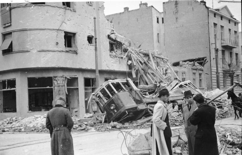 Bomb-damaged buildings and tram in Belgrade, Yugoslavia, April 1941 (German Federal Archive: Bild 141-1005)