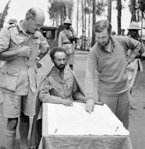 Haile Selassie, Emperor of Abyssinia, with Brigadier Daniel Arthur Sandford (left) and Colonel Wingate (right) in Dambacha Fort, after it had been captured, 15 April 1941 (Imperial War Museum)
